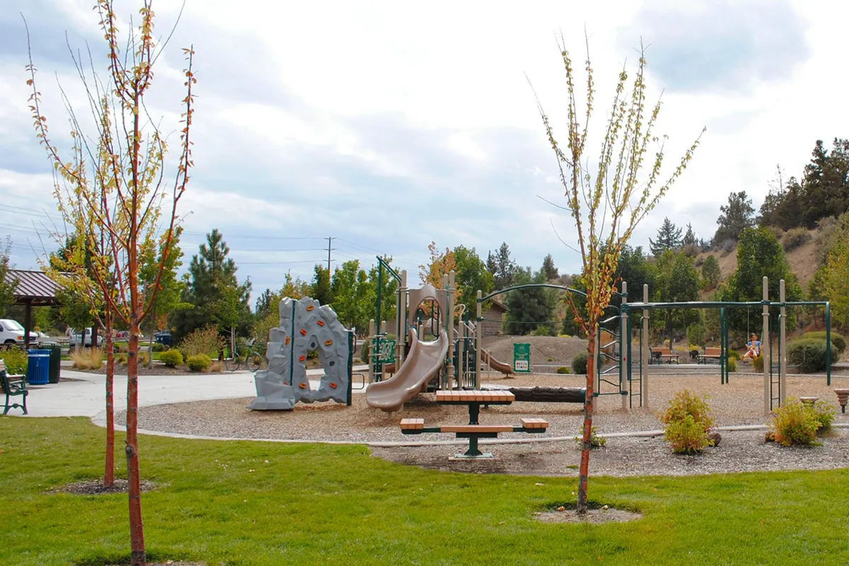 A lively exterior setting with playground equipment, a rock climbing wall, picnic area, and mature trees. Children can be seen playing, while adults enjoy picnicking or socializing in the fresh air.