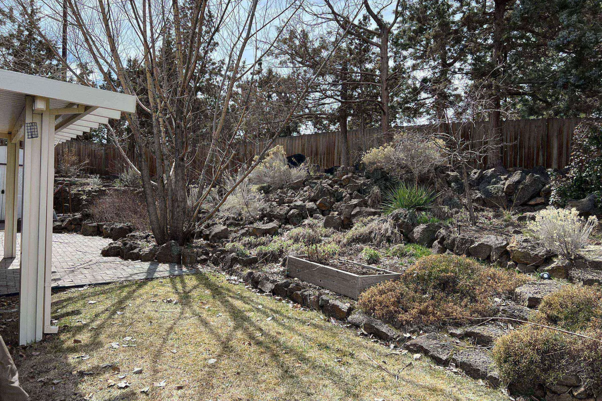 This image displays a serene exterior garden area with rocky features, raised garden beds, and tree branches casting natural shadows. The natural landscaping invites relaxation and a touch of exploration right outside the retreat.